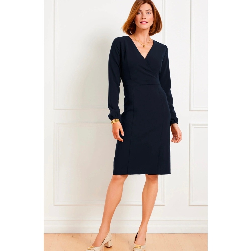 Talbots Plus 18W Navy Blue Faux Wrap V-Neck Sheath Dress Long Sleeve Slit Knee